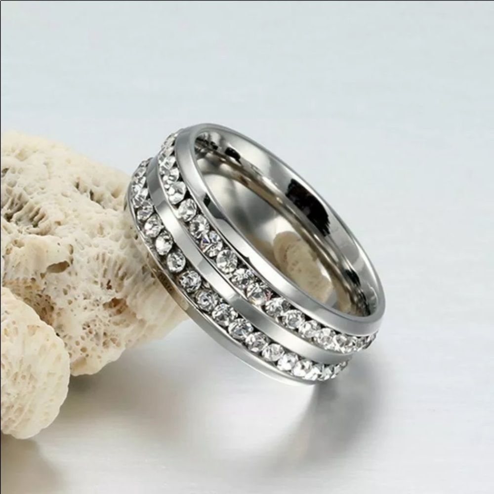 Stainless Steel Over Sterling Silver Band With Double Cubic Zirconia Pave